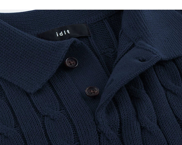 IDLT cable knit polo, navy open placket.
