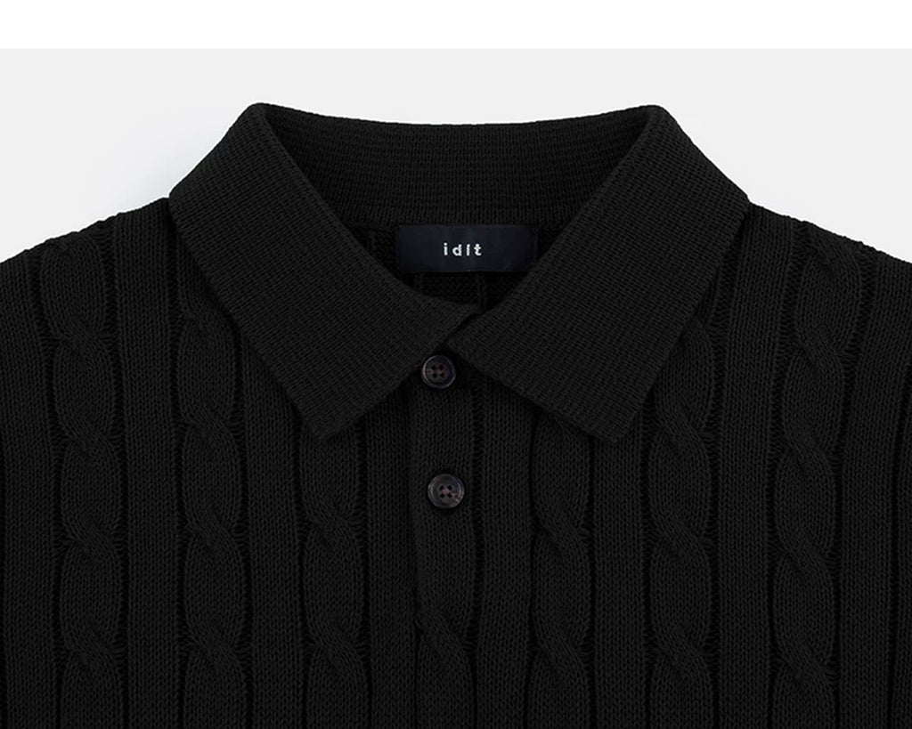 IDLT cable knit polo, black collar.