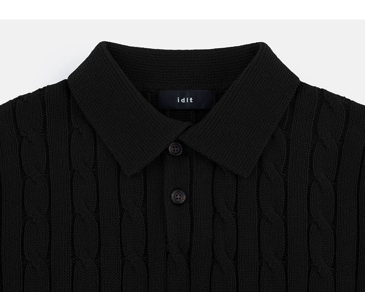 IDLT cable knit polo, black collar.