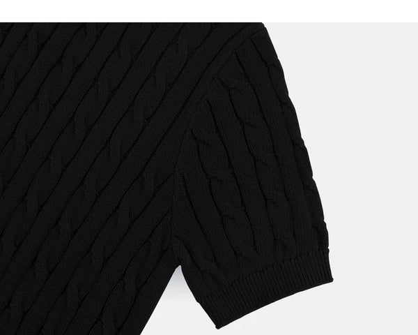 IDLT cable knit polo, black sleeve.