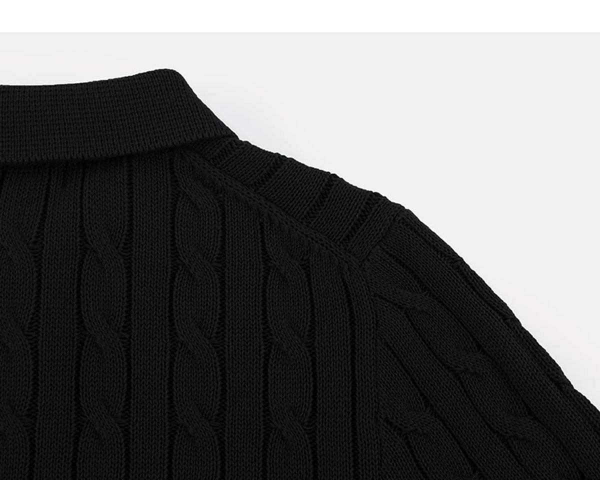 IDLT cable knit polo, black back shoulder.