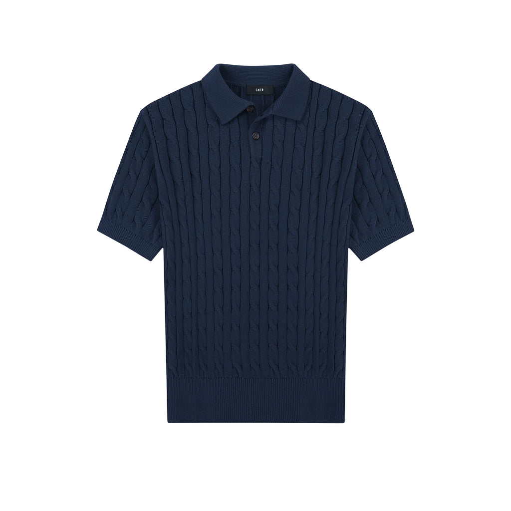 Classic-Fit Cable-Knit Polo, navy front view.