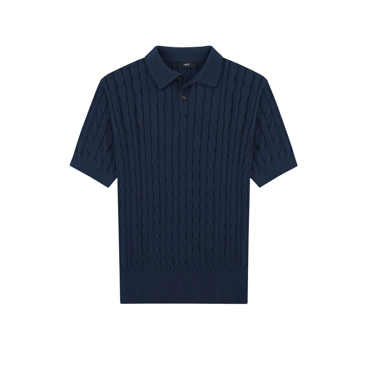 Classic-Fit Cable-Knit Polo, navy front view.