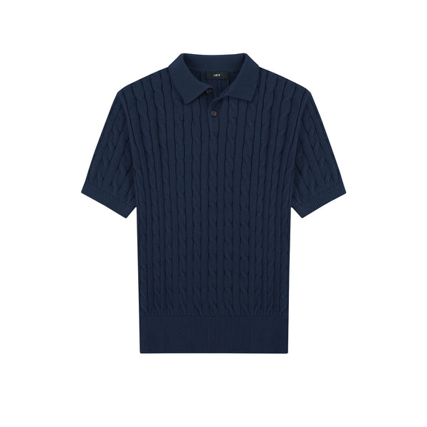 Classic-Fit Cable-Knit Polo, navy front view.