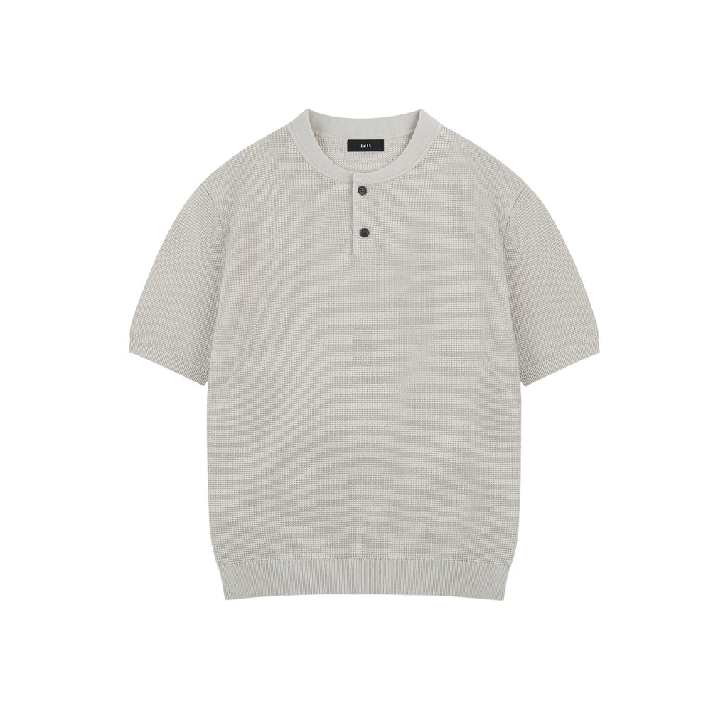 IDLT textured short sleeve henley, cream front.