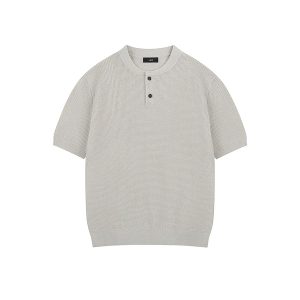 IDLT textured short sleeve henley, cream front.