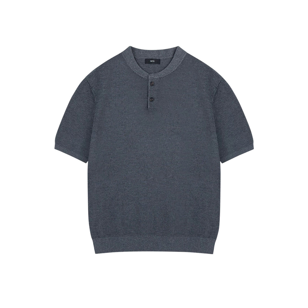 IDLT textured short sleeve henley, blue gray front.