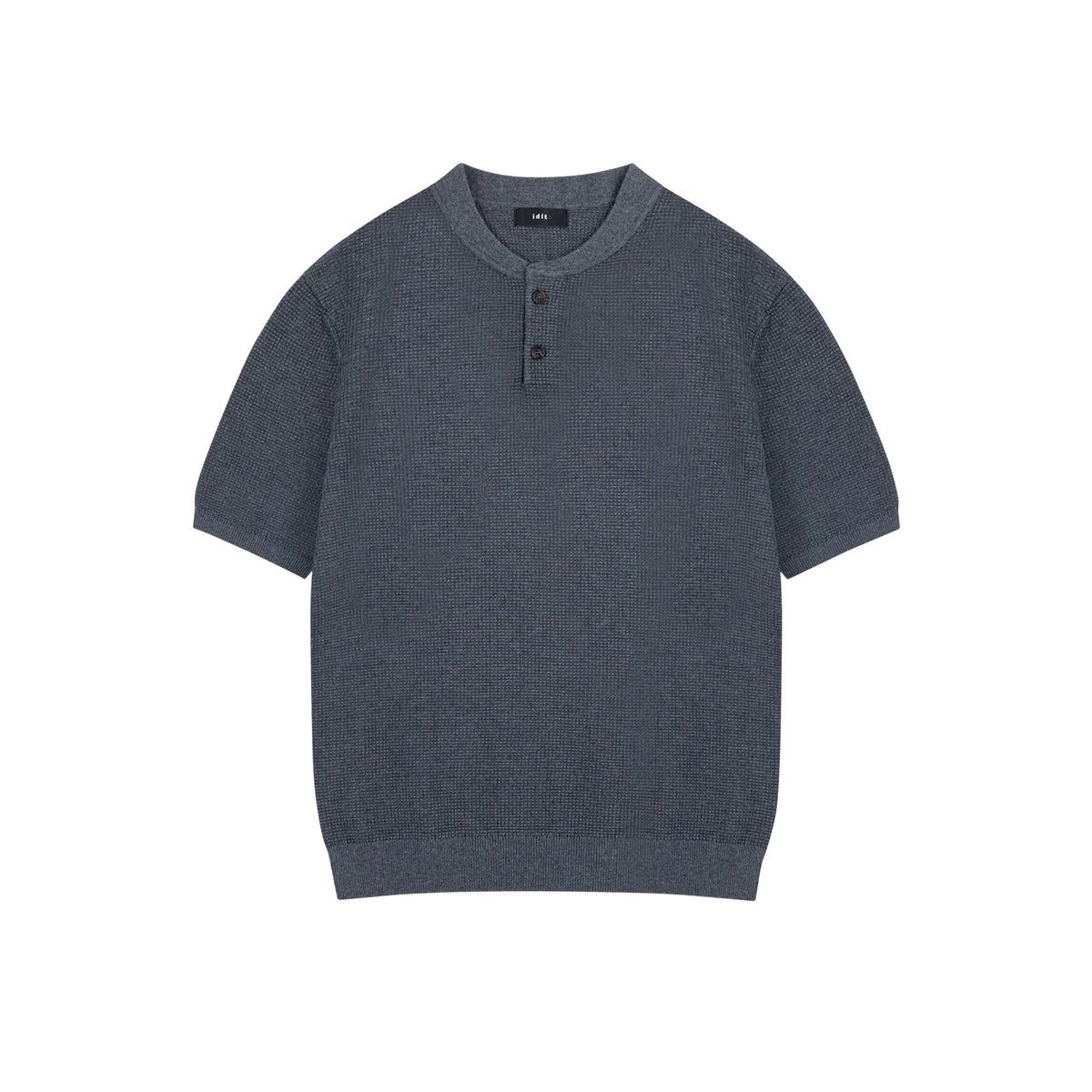 IDLT textured short sleeve henley, blue gray front.