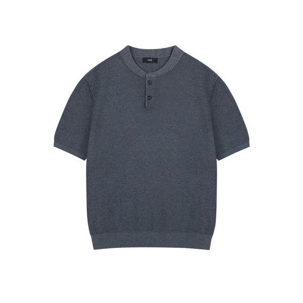 IDLT textured short sleeve henley, blue gray front.