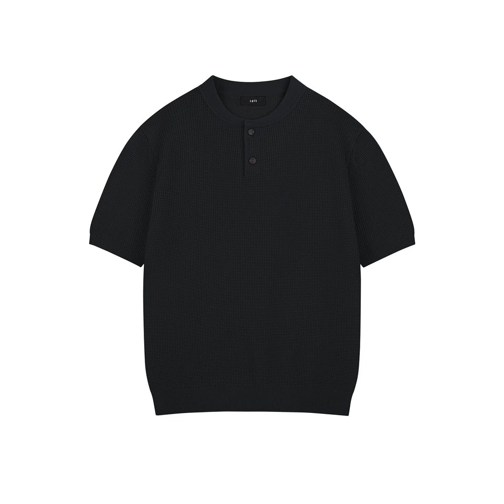 IDLT textured short sleeve henley, black front.