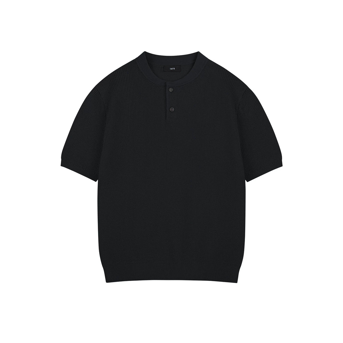 IDLT textured short sleeve henley, black front.