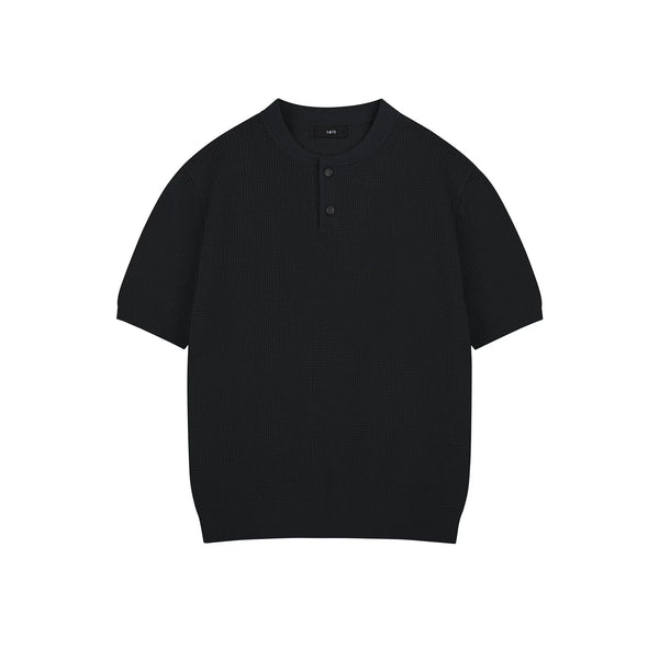 IDLT textured short sleeve henley, black front.
