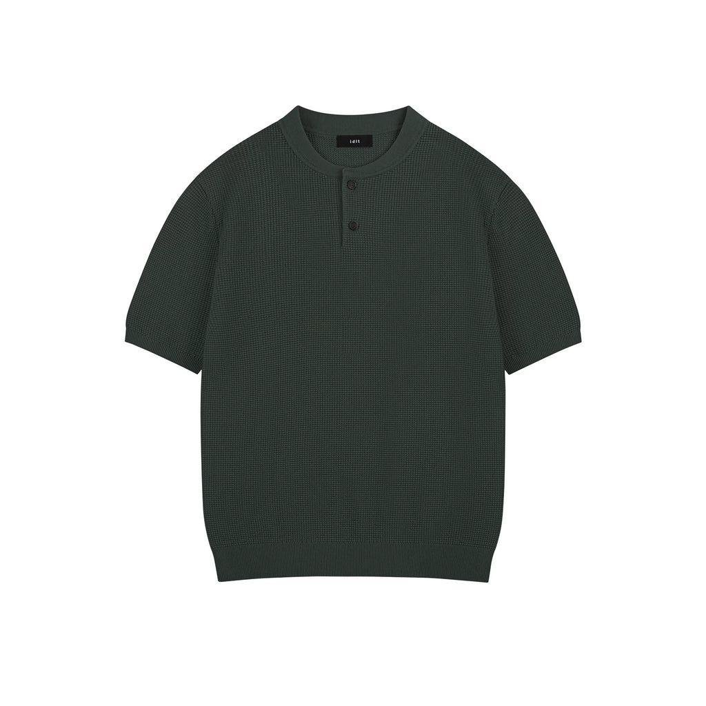 IDLT textured short sleeve henley, green front.