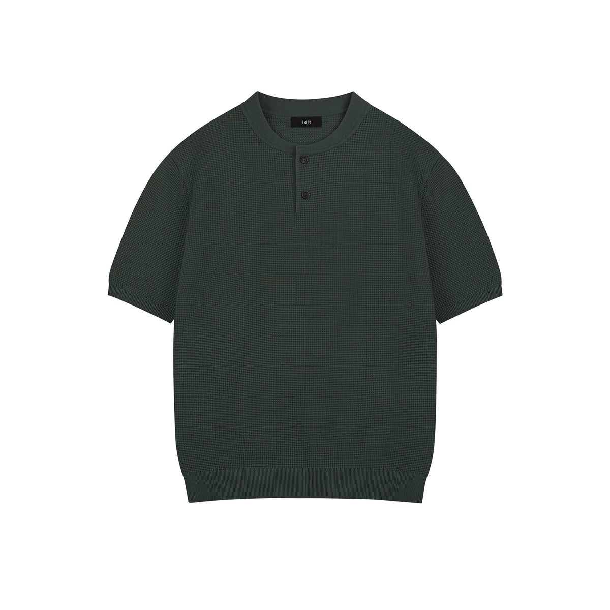 IDLT textured short sleeve henley, green front.
