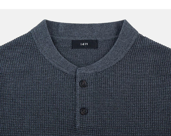 IDLT textured short sleeve henley, blue gray neckline.