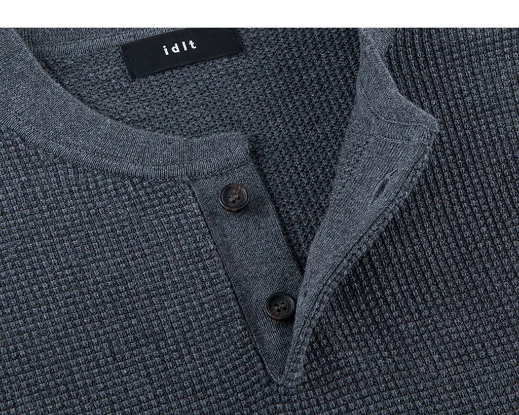 IDLT textured short sleeve henley, blue gray open placket.