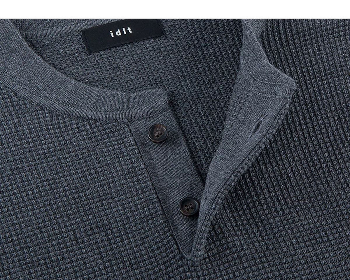 IDLT textured short sleeve henley, blue gray open placket.