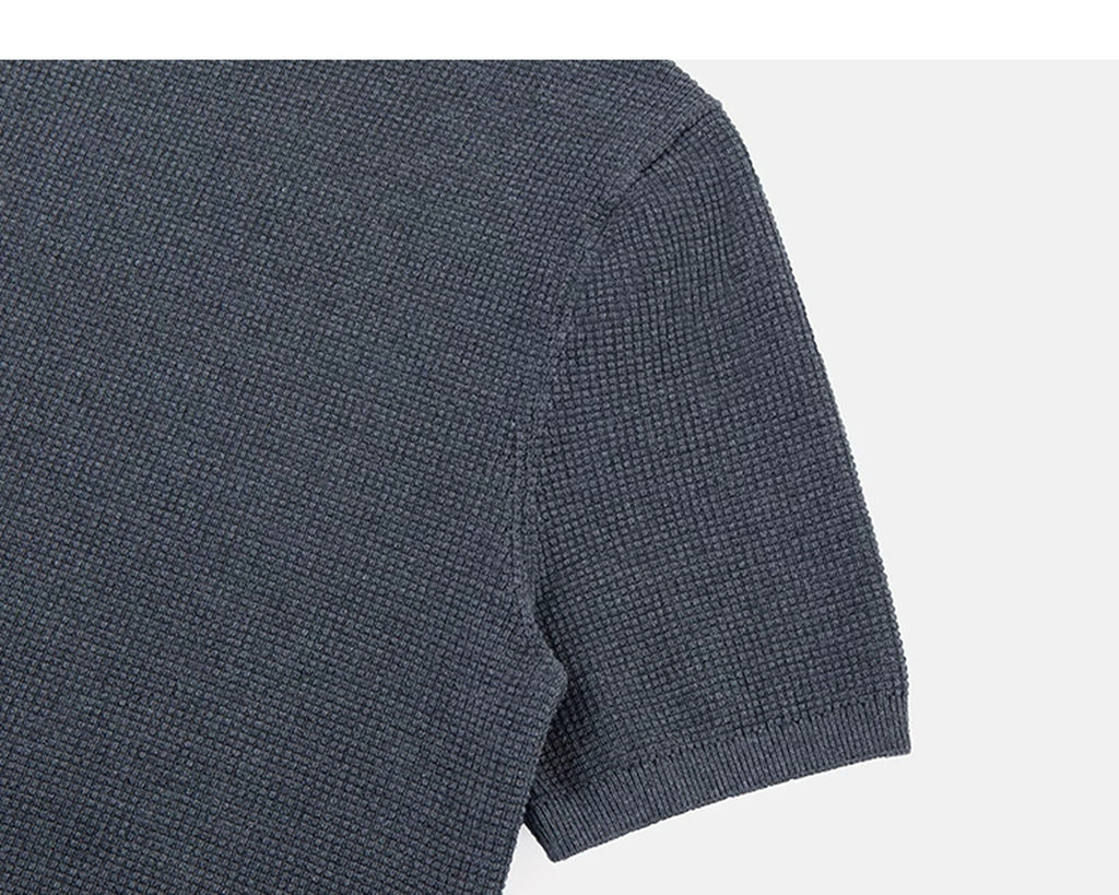 IDLT textured short sleeve henley, blue gray sleeve.