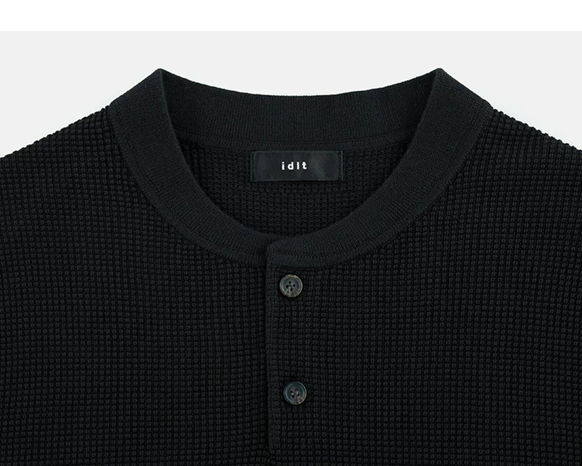 IDLT textured short sleeve henley, black neckline.