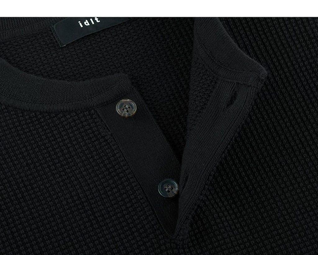 IDLT textured short sleeve henley, black open placket.