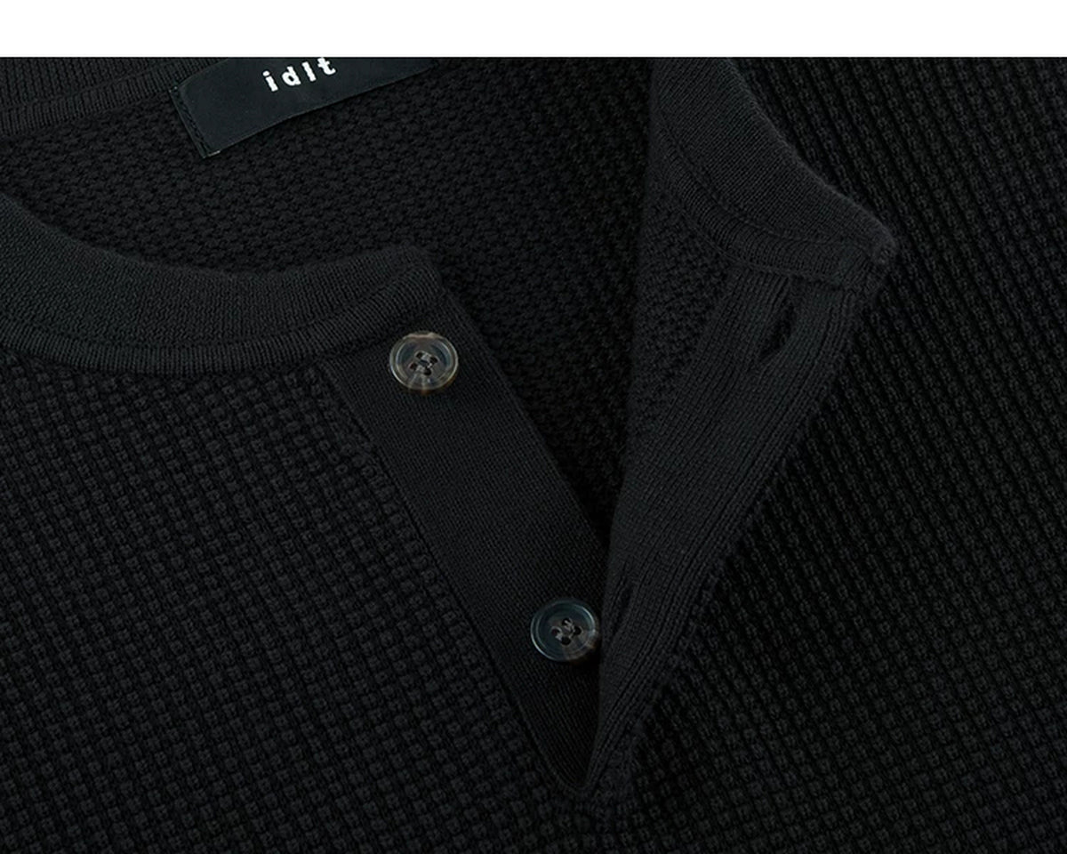 IDLT textured short sleeve henley, black open placket.
