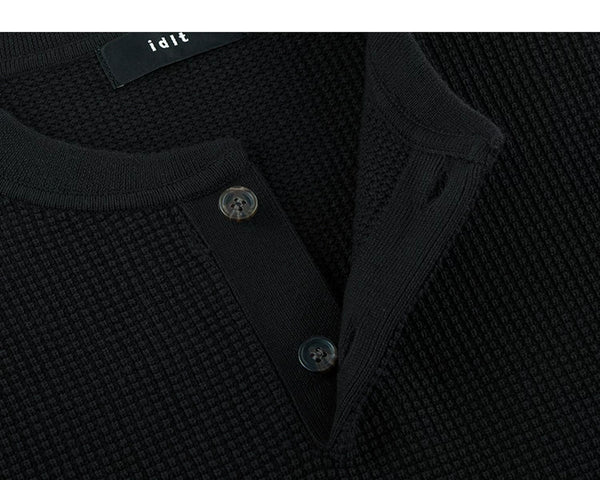 IDLT textured short sleeve henley, black open placket.