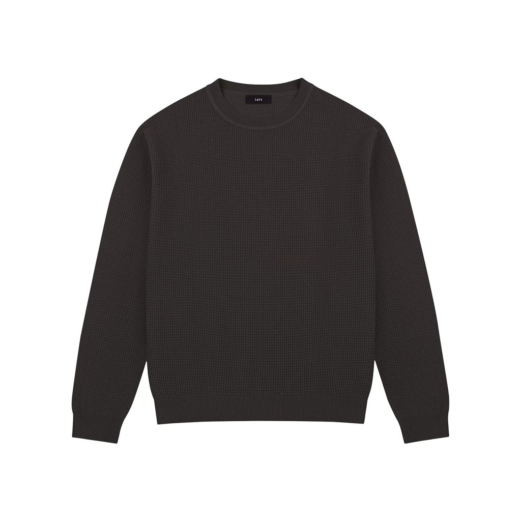 IDLT textured sweater, brown front.