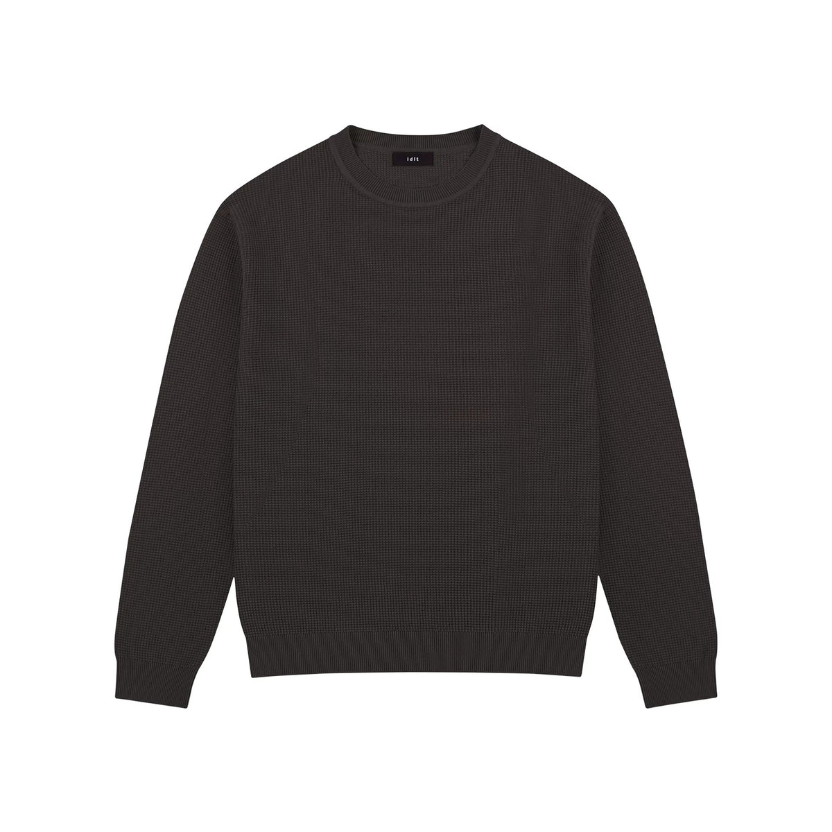 IDLT textured sweater, brown front.