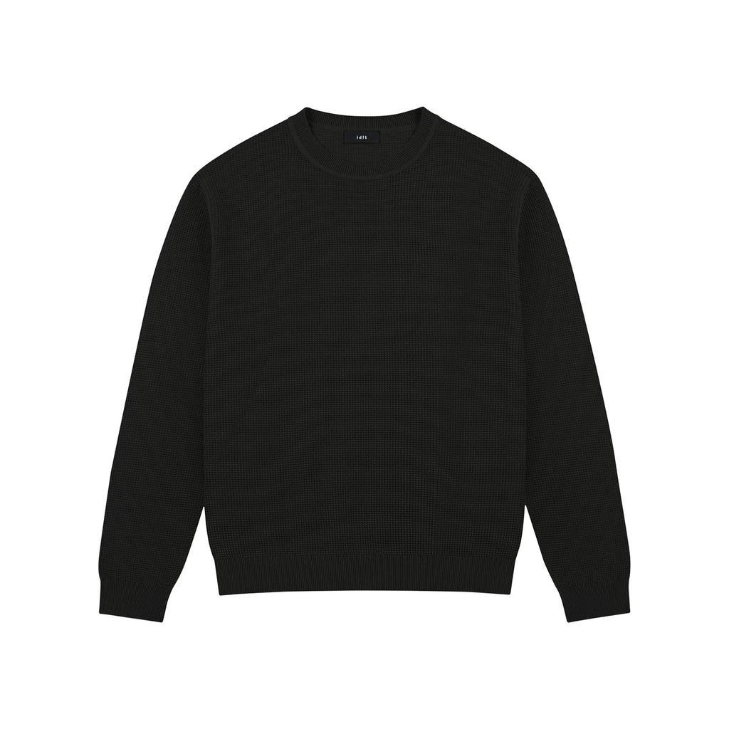 IDLT textured sweater, black front.