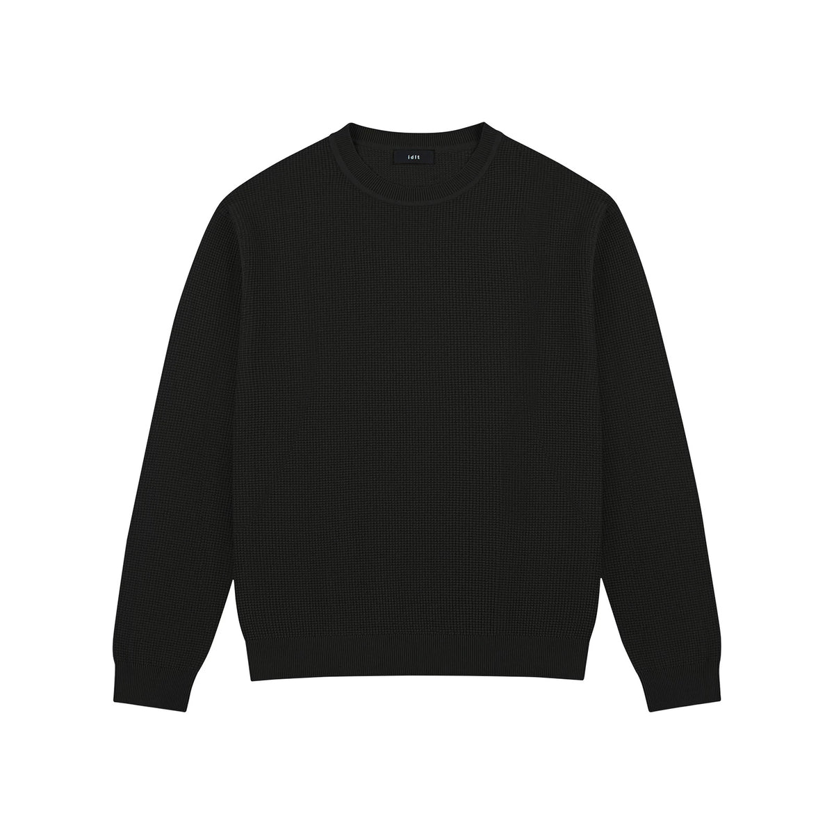 IDLT textured sweater, black front.