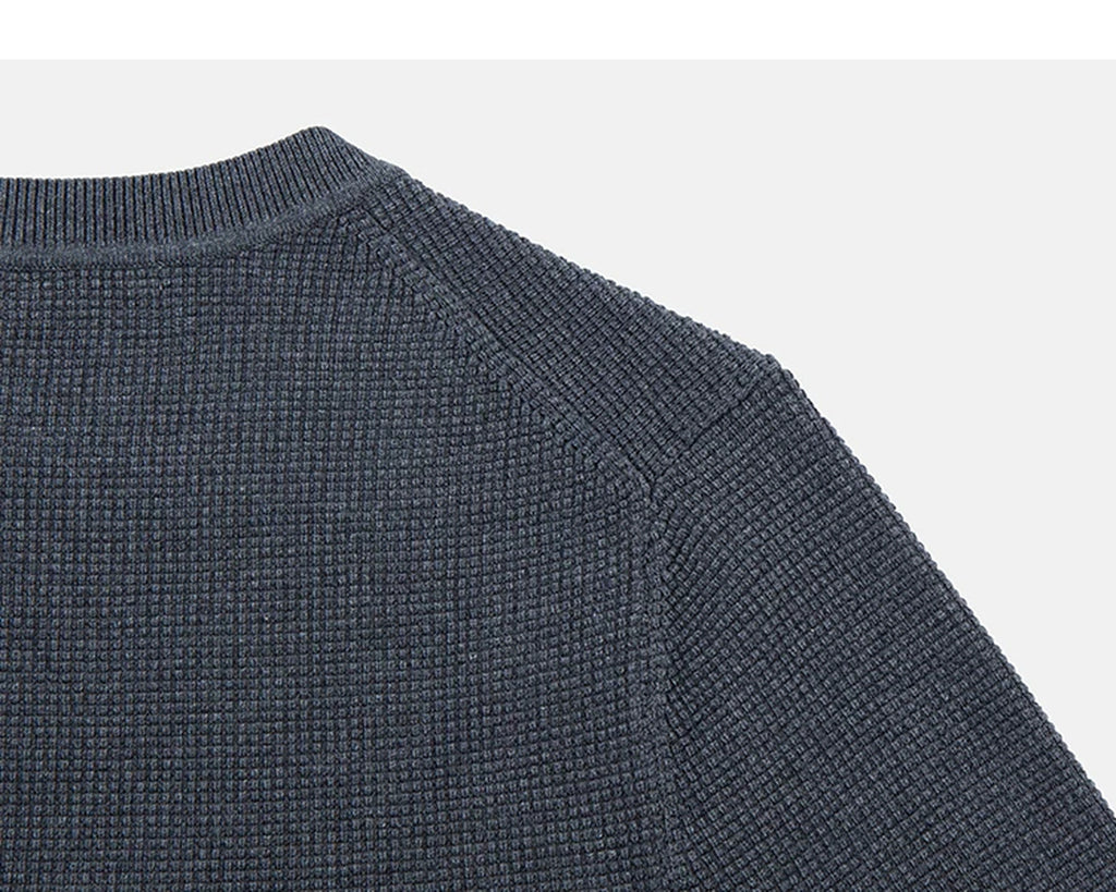 IDLT textured sweater, blue gray back shoulder.