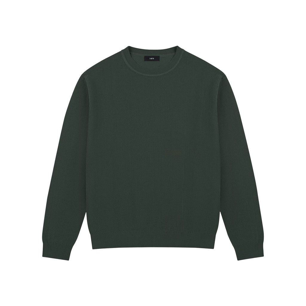 Waffle-Knit Crewneck Sweater, olive green front view.