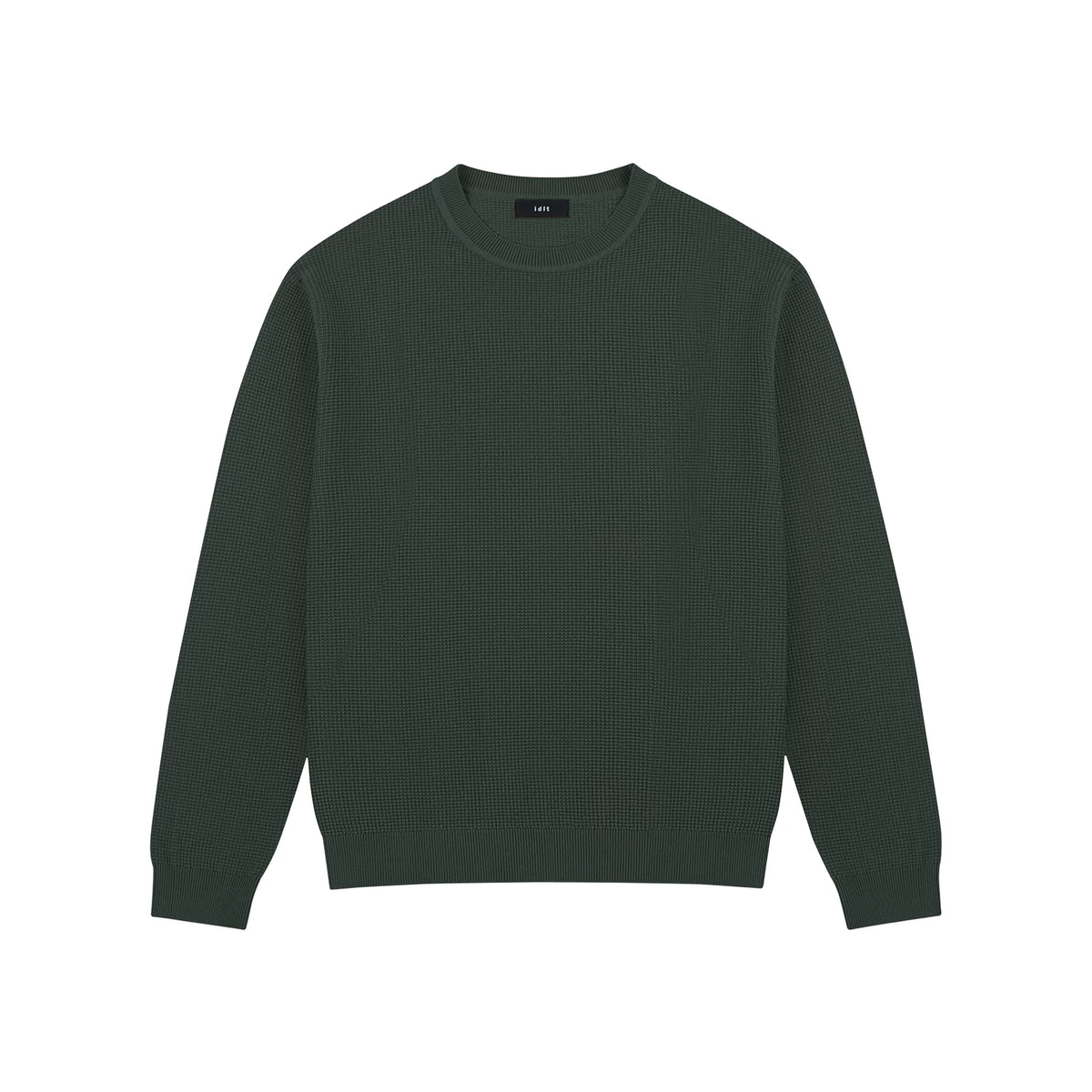 Waffle-Knit Crewneck Sweater, olive green front view.