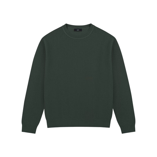 Waffle-Knit Crewneck Sweater, olive green front view.
