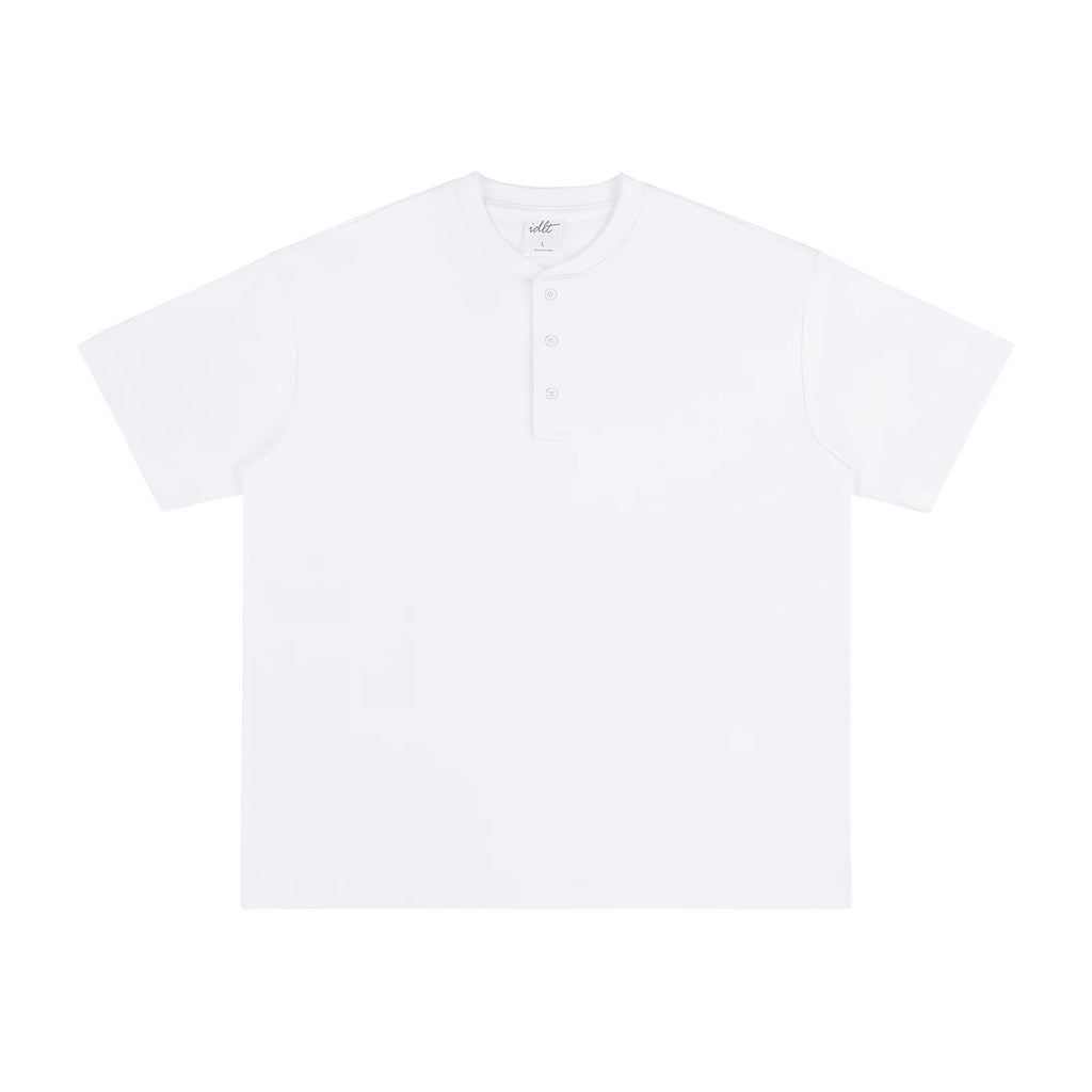 IDLT short sleeve henley, white front.