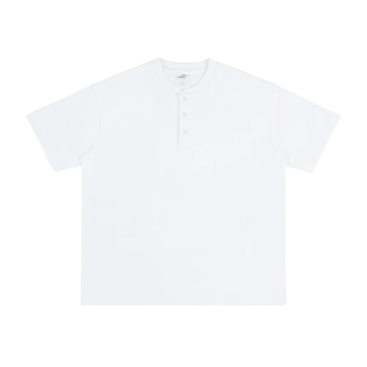 IDLT short sleeve henley, white front.