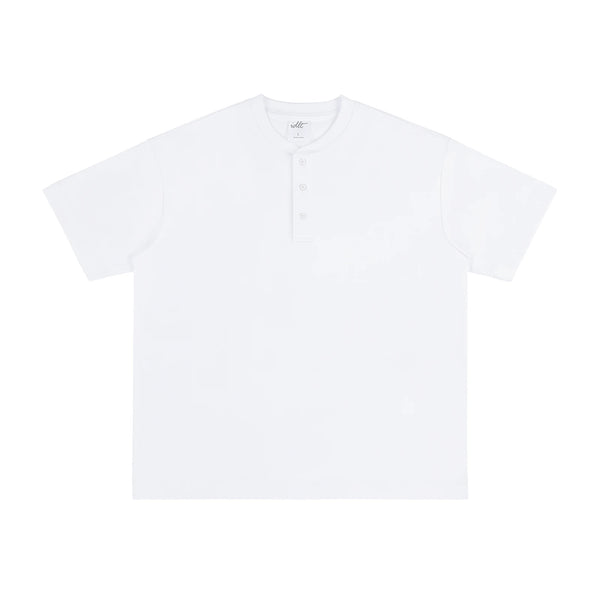 IDLT short sleeve henley, white front.