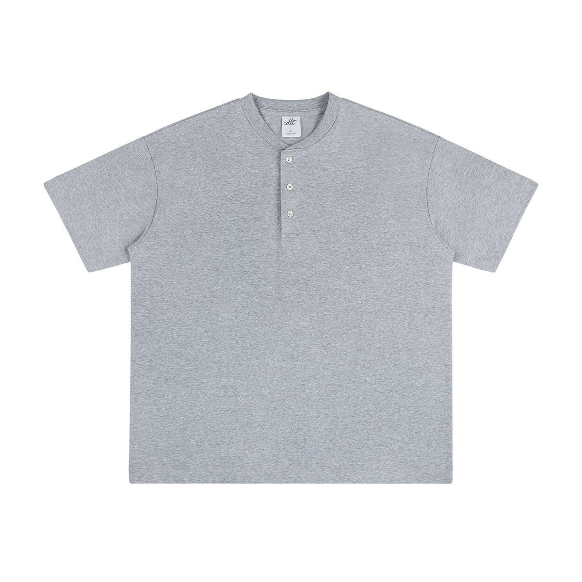IDLT short sleeve henley, heather gray front.