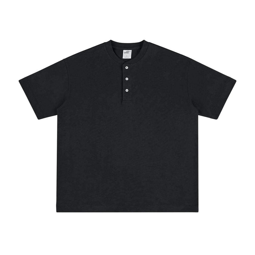 IDLT short sleeve henley, black front.