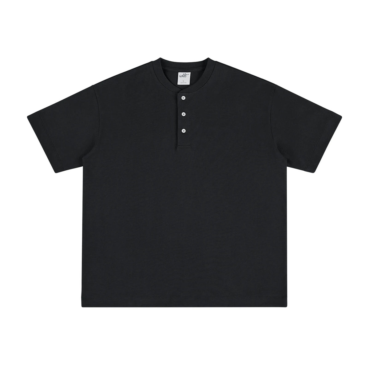 IDLT short sleeve henley, black front.