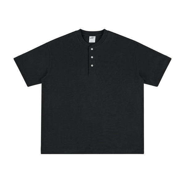 IDLT short sleeve henley, black front.