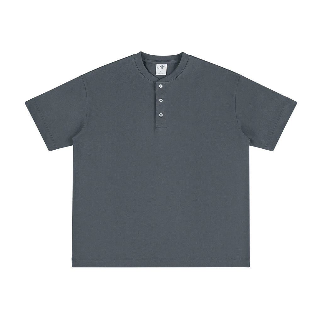 IDLT short sleeve henley, dark gray front.
