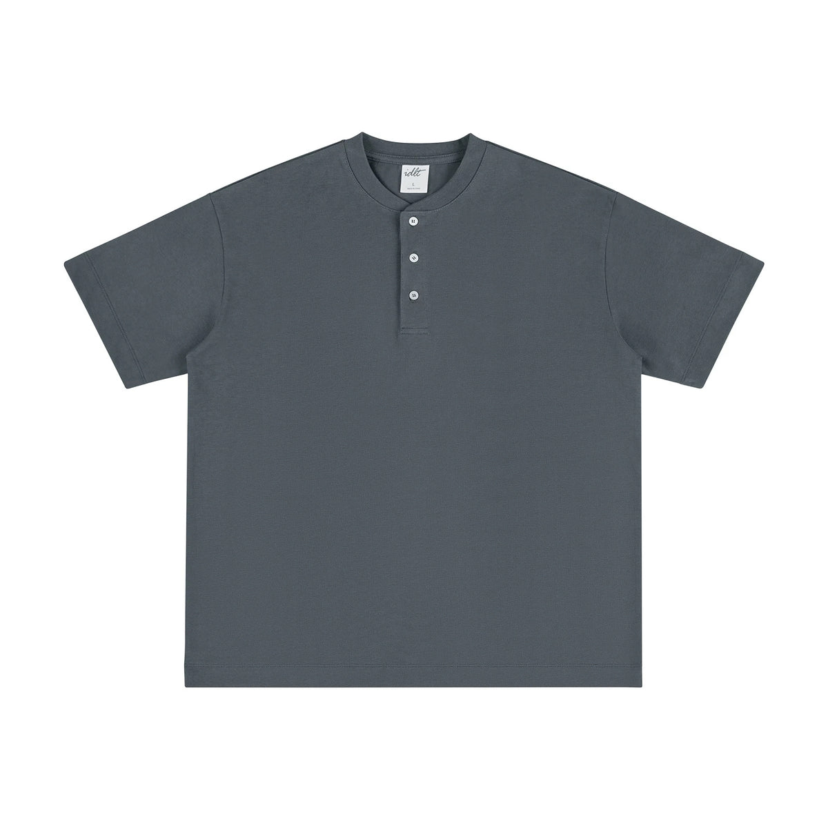 IDLT short sleeve henley, dark gray front.