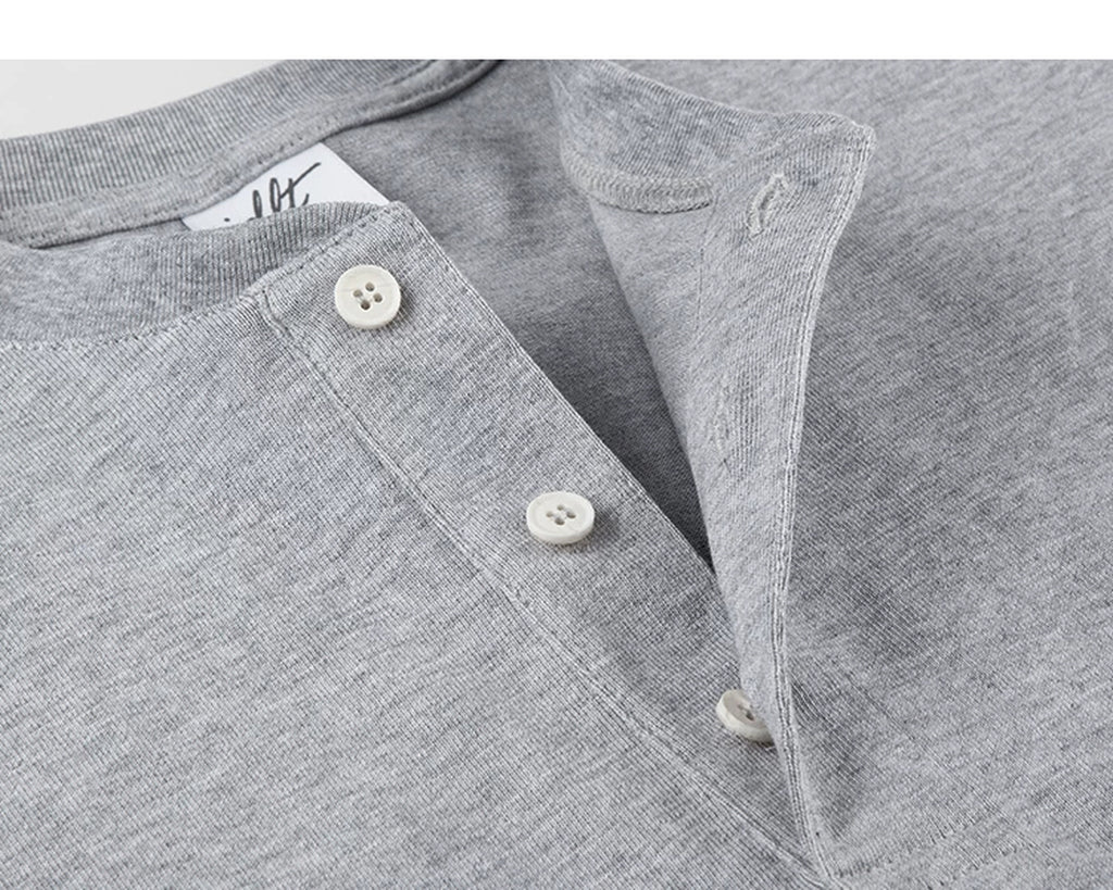 IDLT short sleeve henley, heather gray open button placket.