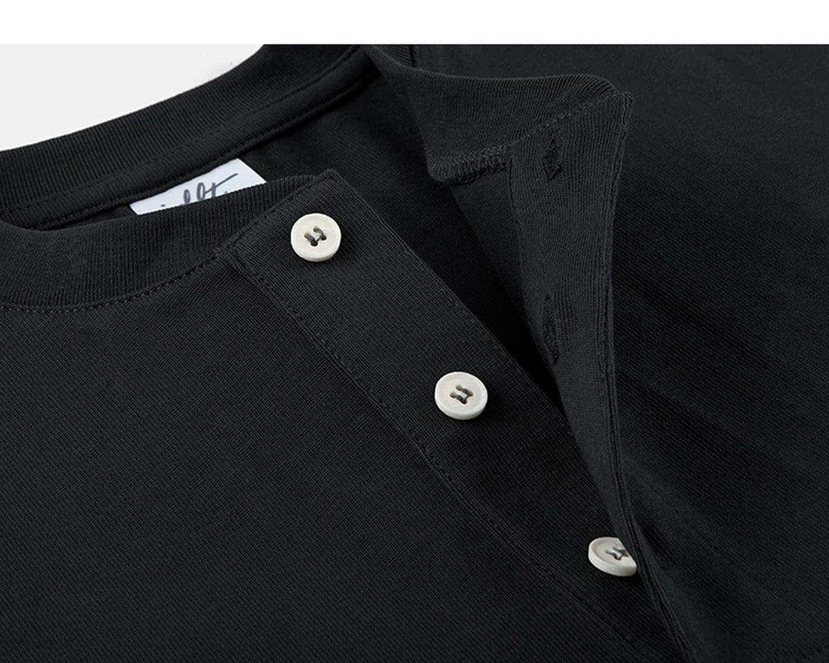 IDLT short sleeve henley, black open button placket.