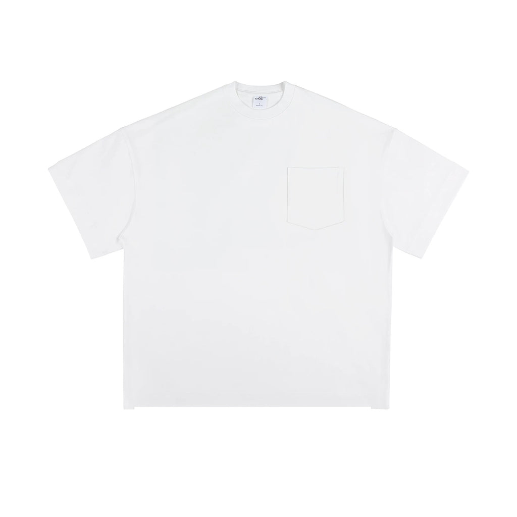 IDLT pocket T-shirt, white front.