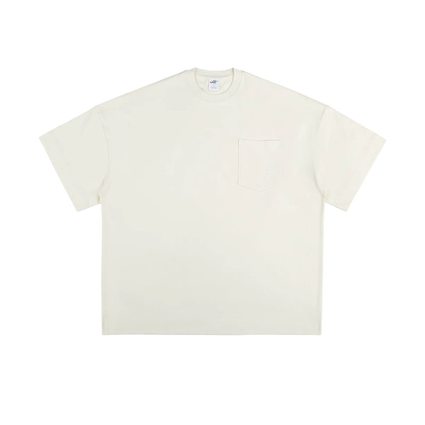 IDLT pocket T-shirt, cream front.