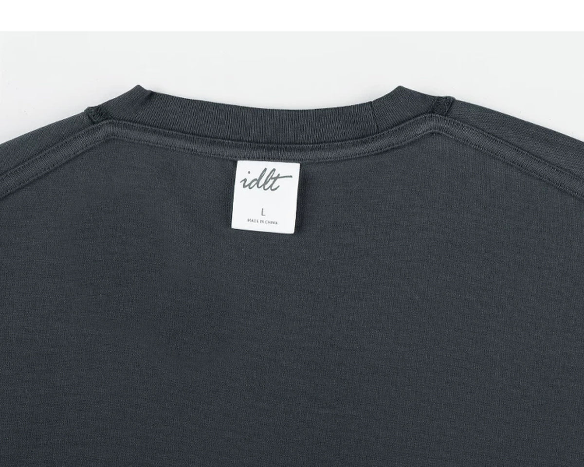 IDLT pocket T-shirt, dark gray back neckline and label.