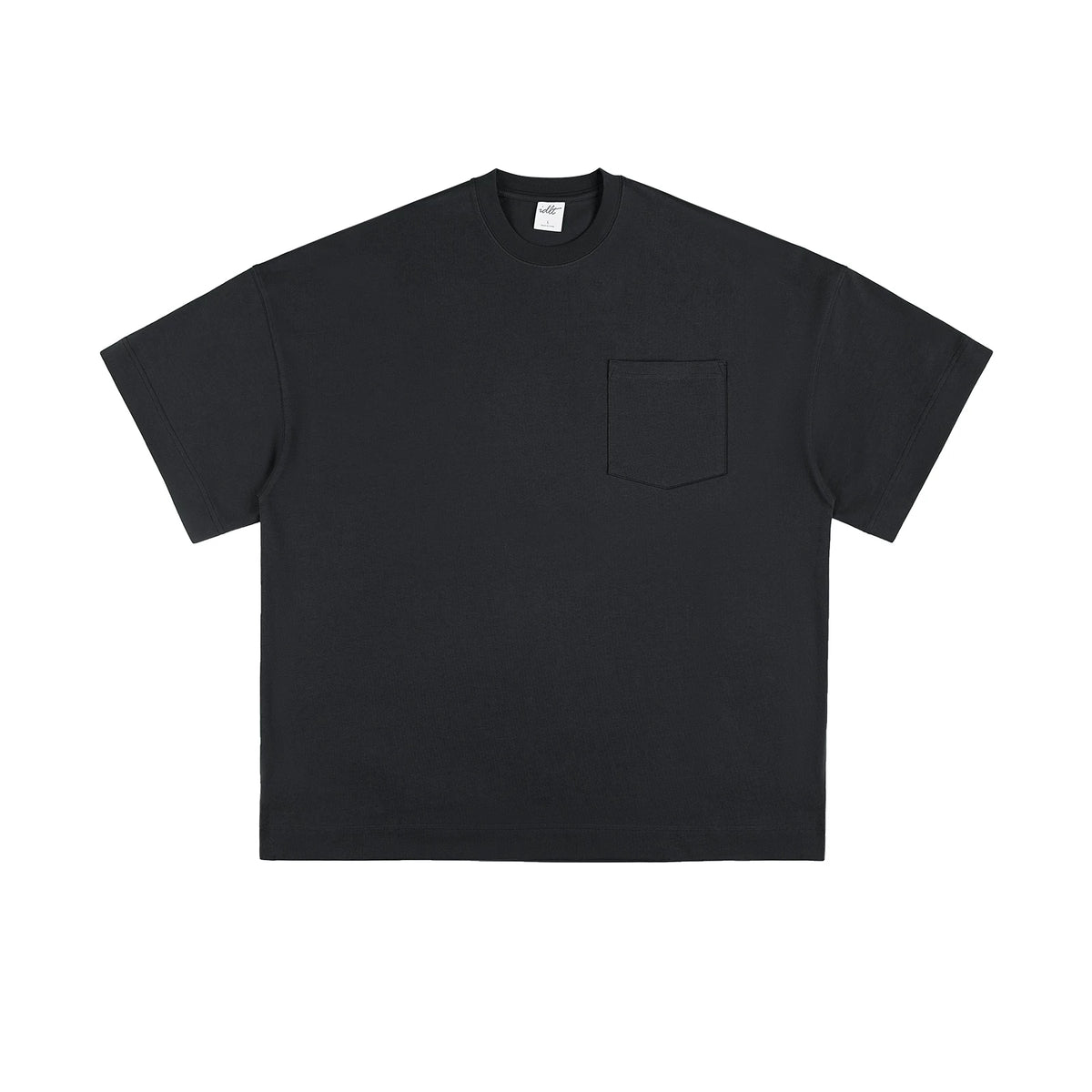 Drop-Shoulder Pocket Tee, black front view.