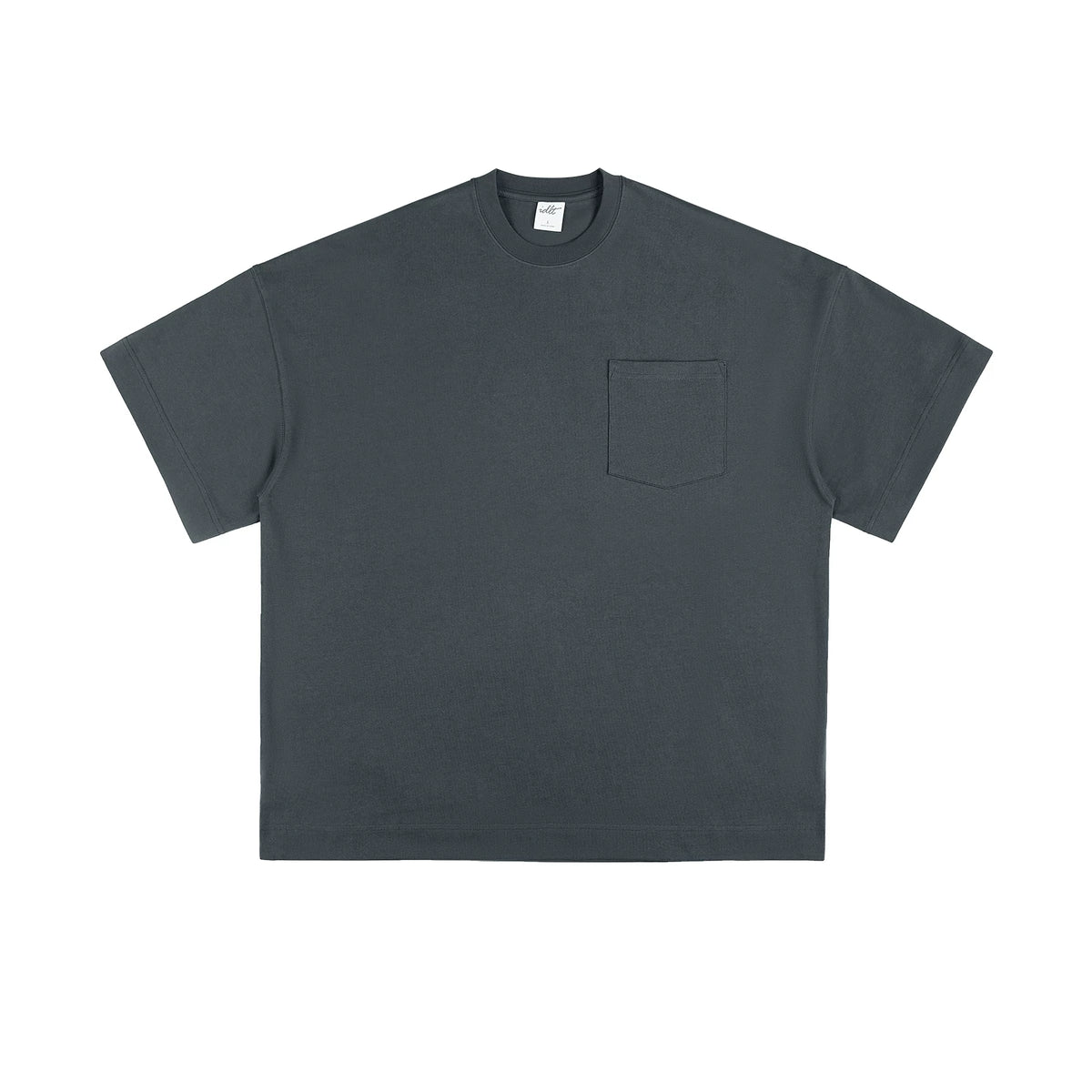 Drop-Shoulder Pocket Tee, charcoal front view.